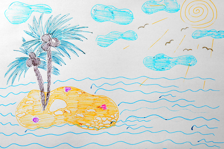 Child's drawing of island with palm treesの写真素材
