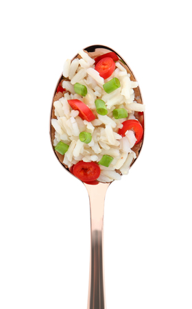 Spoon with rice on white backgroundの写真素材