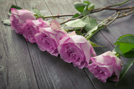 Beautiful pink roses on wooden backgroundの写真素材