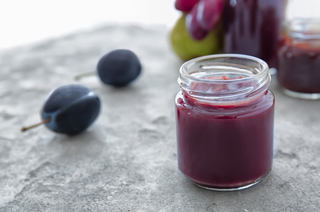 Jar with baby food on tableの写真素材