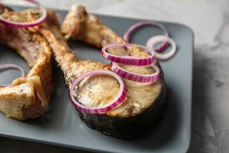 Ceramic plate with fried fish steaks, closeupの写真素材
