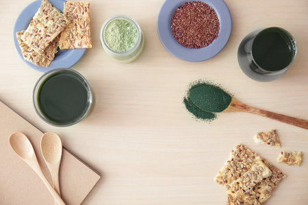 Composition with superfood products on light backgroundの写真素材