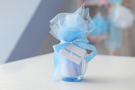 Baby shower gift on tableの写真素材