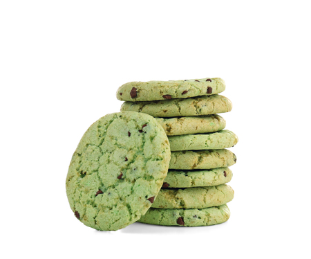 Mint chocolate chip cookies on white backgroundの写真素材
