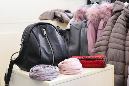 Table with different accessories in modern shopの写真素材