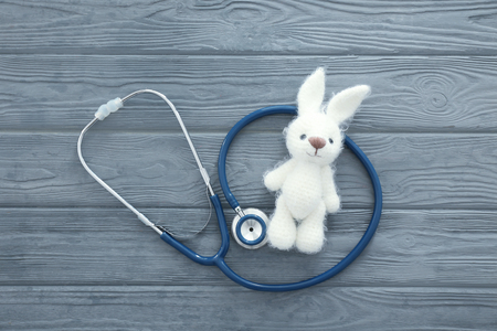 Cute knitted bunny and stethoscope on wooden backgroundの写真素材