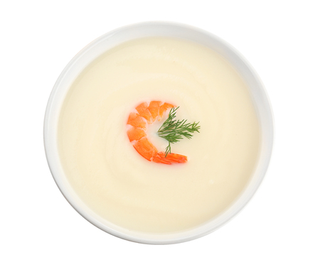 Tasty cream soup with shrimp in bowl, isolated on white backgroundの写真素材