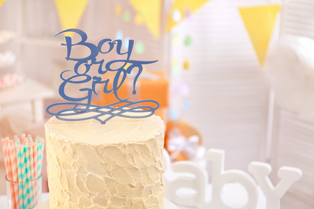 "Boy or girl" cake. Baby shower partyの写真素材