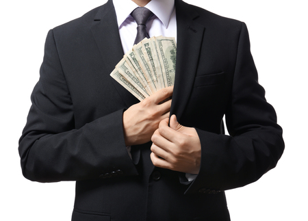 Successful businessman with dollar bills on white background, closeupの写真素材