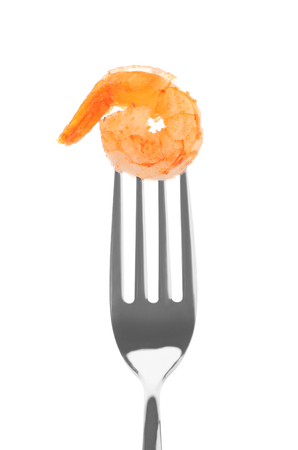 Fork with delicious grilled shrimp on white backgroundの写真素材