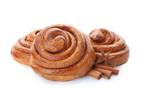 Sweet cinnamon rolls on white backgroundの写真素材