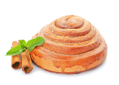 Sweet cinnamon roll on white backgroundの写真素材