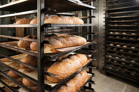 Loaves of bread on shelving in bakeryの写真素材