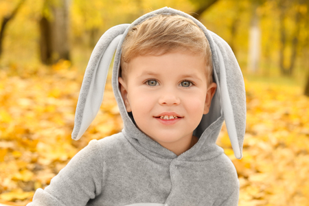Cute little child wearing bunny costume in autumn parkの写真素材