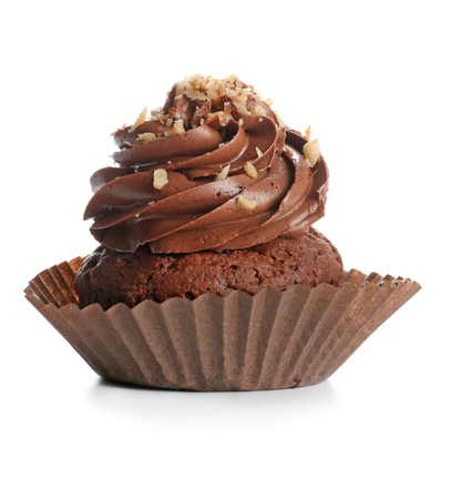 Tasty chocolate cupcake on white backgroundの写真素材