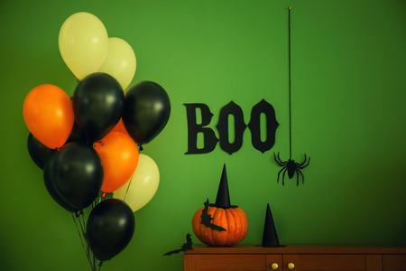 Creative composition for Halloween party on color backgroundの写真素材