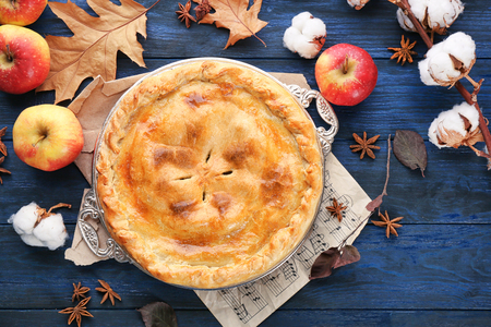 Freshly baked apple pie on table, top viewの写真素材