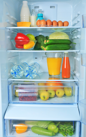 Refrigerator with fresh products, closeupの写真素材