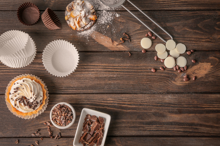 Composition with tasty pastries on wooden backgroundの写真素材