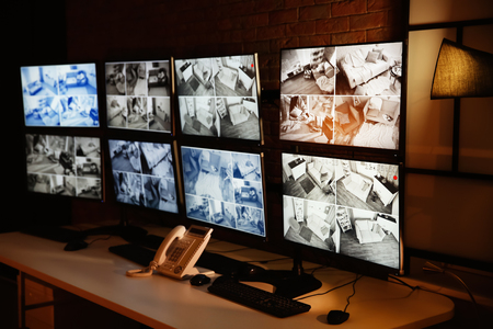 Workplace of security guard at nightの写真素材