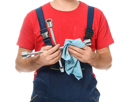 Auto mechanic wiping tool on white background, closeupの写真素材
