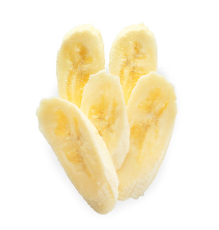 Pieces of tasty ripe banana on white backgroundの写真素材