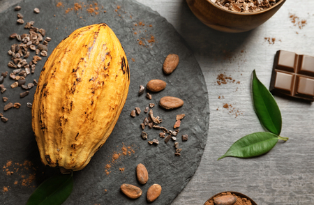 Slate plate with ripe yellow cocoa pod, beans and nibs on grey backgroundの写真素材