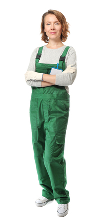 Female auto mechanic on white backgroundの写真素材