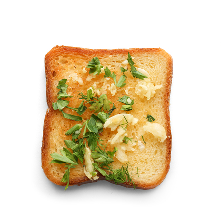 Delicious homemade garlic bread isolated on whiteの写真素材