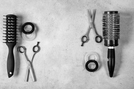 Professional hairdresser set on gray tableの写真素材