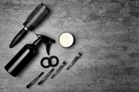Professional hairdresser set on gray tableの写真素材