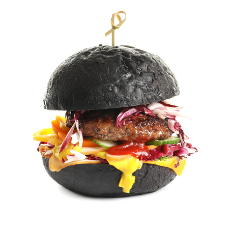 Tasty black burger on white backgroundの写真素材