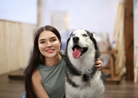 Young woman with cute Husky dog at home. Pet adoptionの写真素材