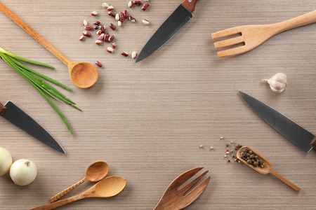 Kitchen utensils and products on light background. Cooking master classesの写真素材