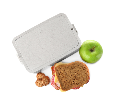 Sandwiches for schoolchild and lunch box on white backgroundの写真素材