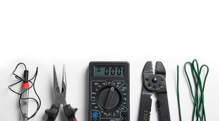 Different electrical tools on white background