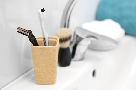 Shaving accessories for man on sinkの写真素材