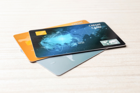 Credit cards on table, closeupの写真素材