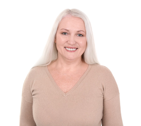 Portrait of female pensioner on white background