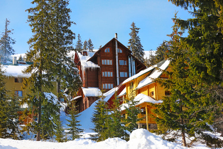 Snowy resort in mountains on winter day