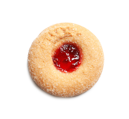 Traditional Christmas Linzer cookie with jam on white backgroundの写真素材