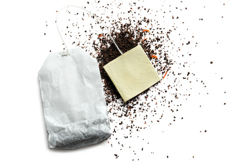 Tea bag with label on white backgroundの写真素材