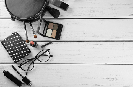 Decorative cosmetics on wooden backgroundの写真素材