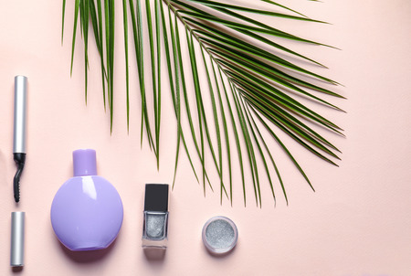 Set of decorative cosmetics on color backgroundの写真素材