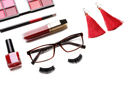 Set of decorative cosmetics and accessories on white backgroundの写真素材