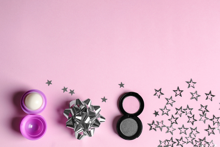 Set with decorative cosmetics on color backgroundの写真素材