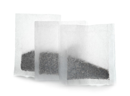 Tea bags on white backgroundの写真素材