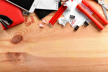 Workplace with stationery on table. Top view
