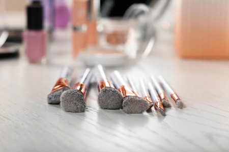 Professional cosmetic brushes on table, closeupの写真素材