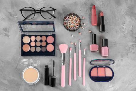 Flat lay composition with professional cosmetics on grey backgroundの写真素材